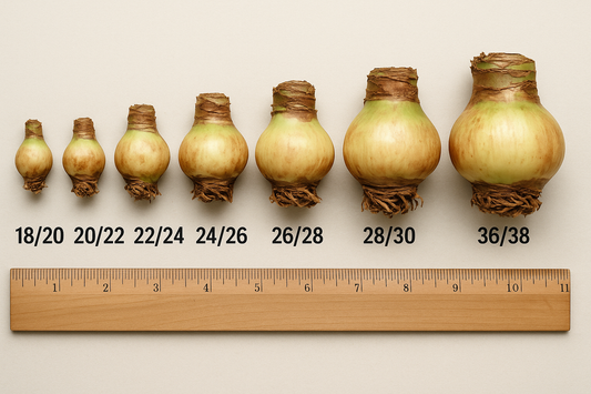 Side-by-side comparison of Amaryllis bulbs in various sizes including 24/26 – visual guide to bulb maturity and flower potential from Blue Buddha Farm