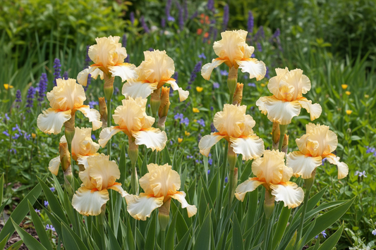 Mimosa Tall Bearded Iris blooming in a lush garden setting