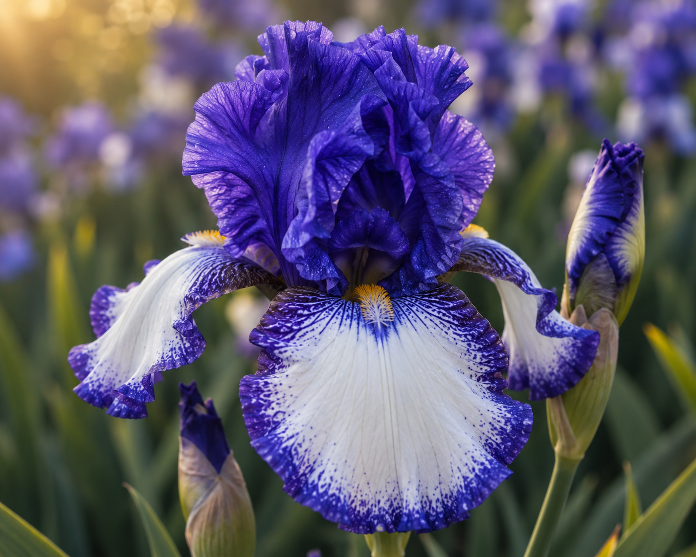 Art Deco Tall Bearded Iris with blue-violet standards and white falls edged in blue blooming in a spring garden.