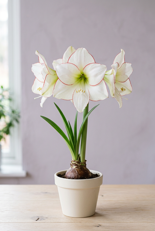 Picotee amaryllis potted hero against dusty lilac
