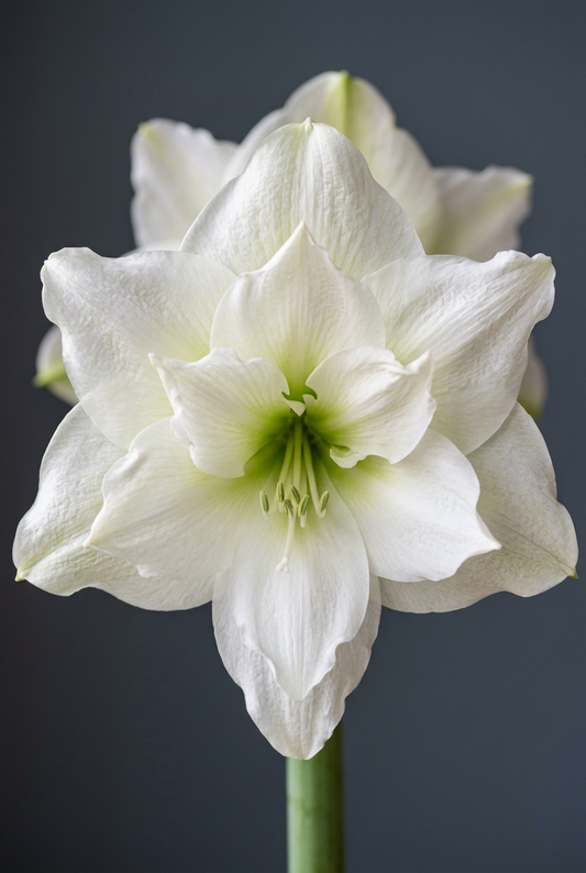 White Symphony bloom close-up against warm slate-gray