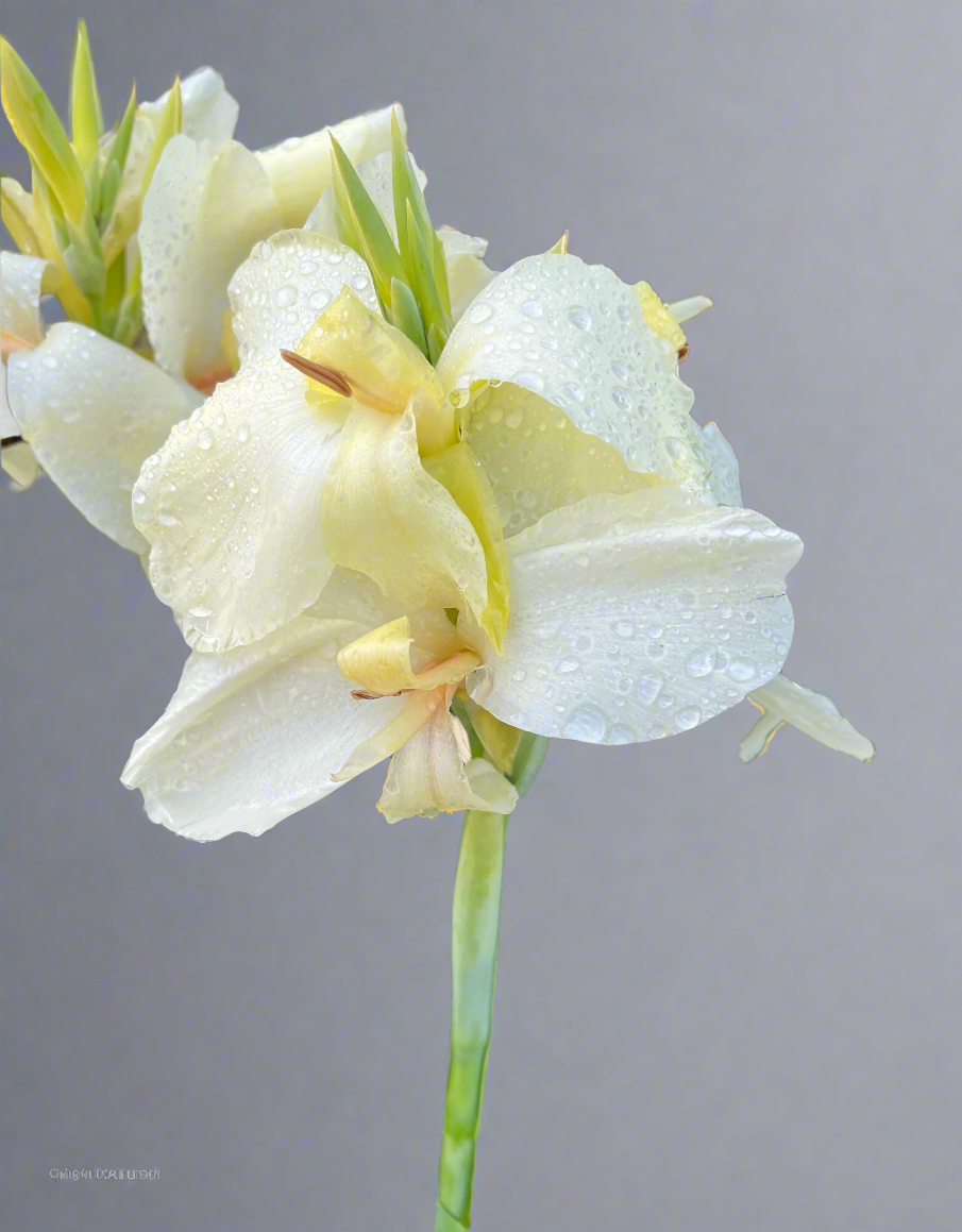 Close-up of Moonshine Canna Lily – Luminous off-white petals standing out against vivid green foliage