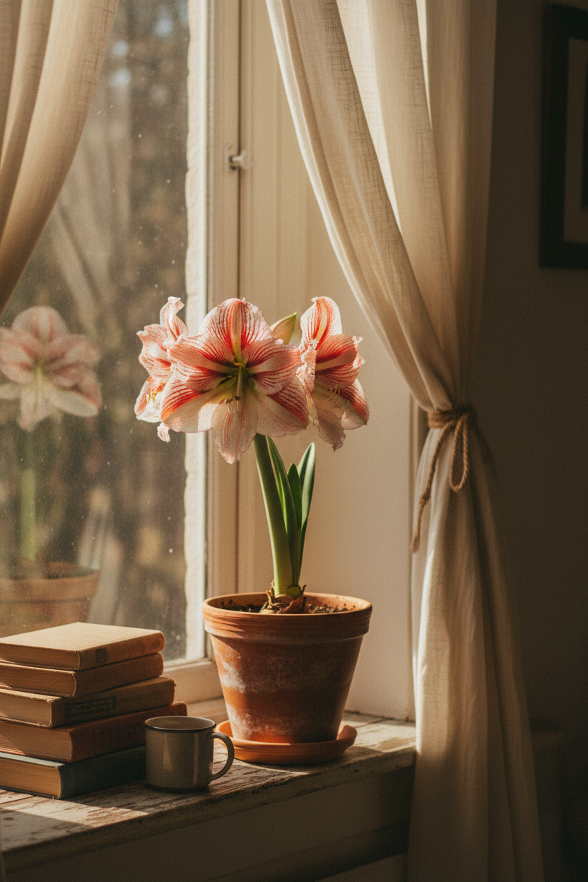 Amaryllis Dutch Clown in bloom in a cozy home interior