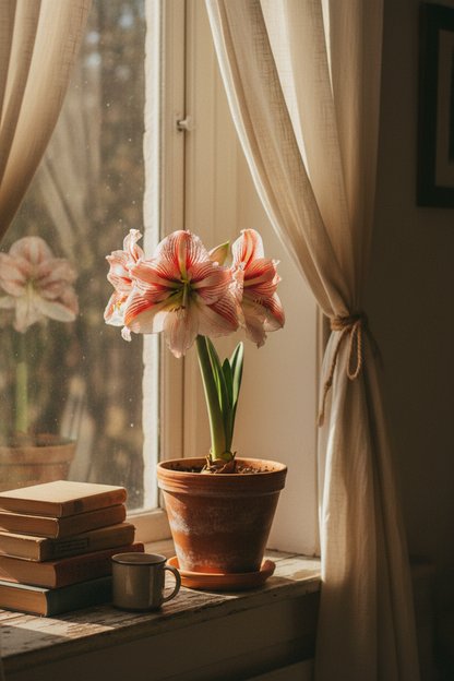 Amaryllis Dutch Clown in bloom in a cozy home interior