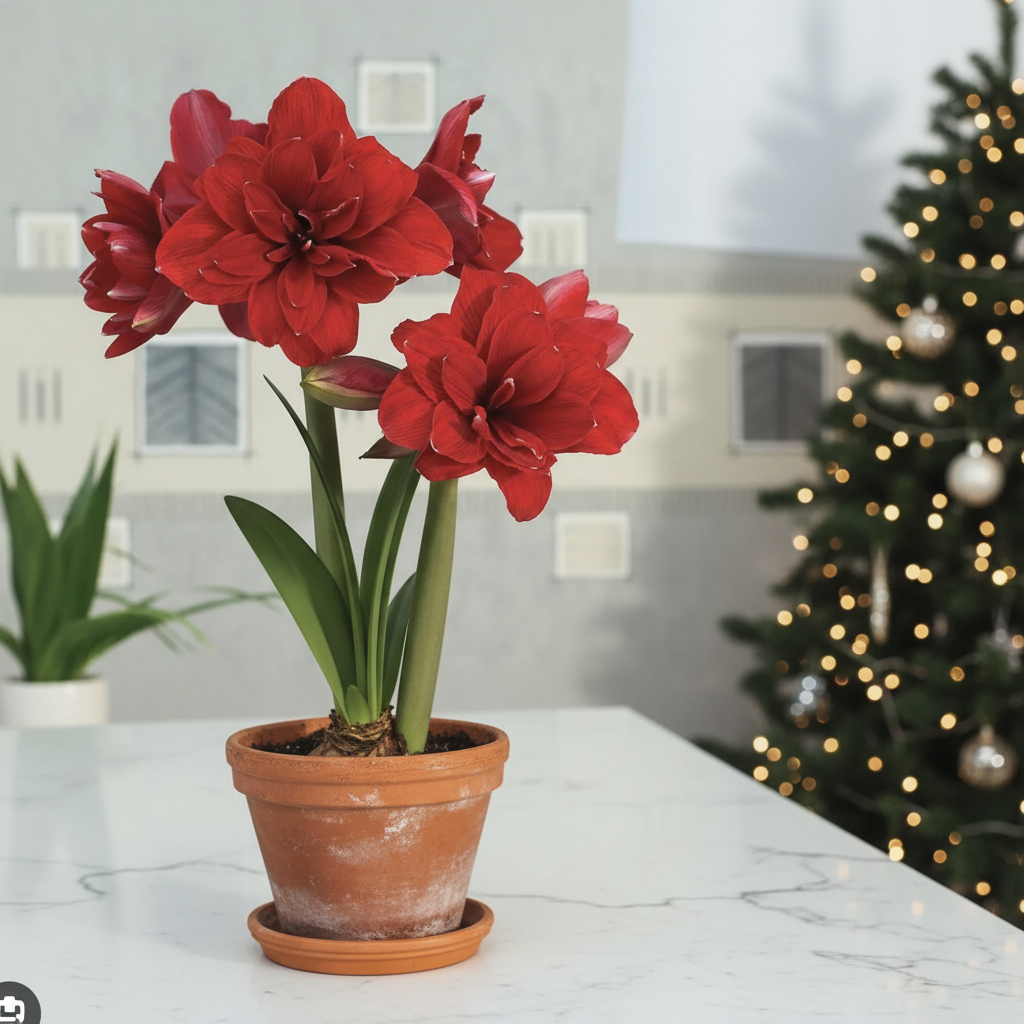 Amaryllis Double King – white counter, Christmas tree in distance