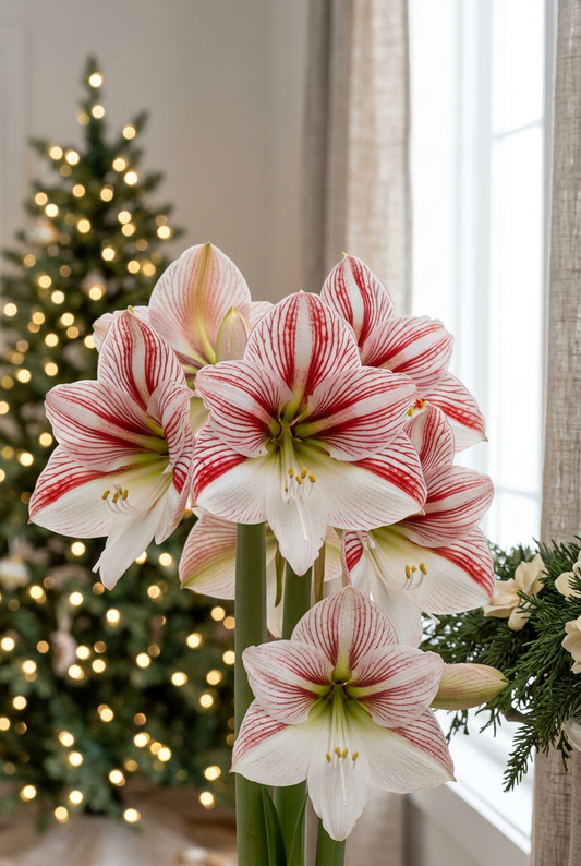 Amaryllis hero based on your newest reference, with a softly blurred holiday setting