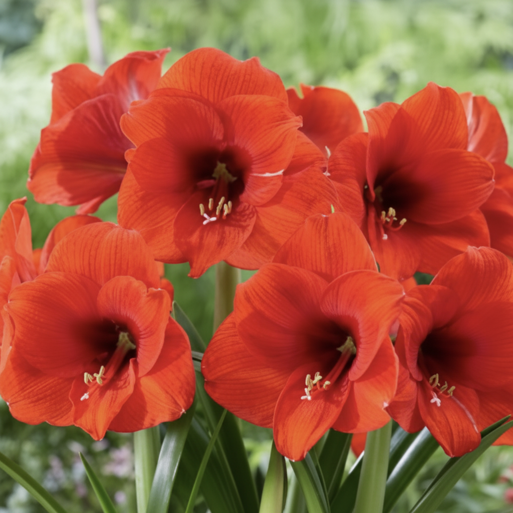 Amaryllis Dutch Love Heart – close-up of vivid orange-red blooms with heart-shaped center