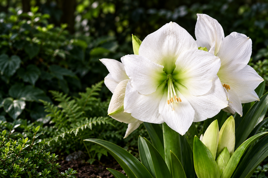 White amaryllis flowers blooming in a lush green garden setting.