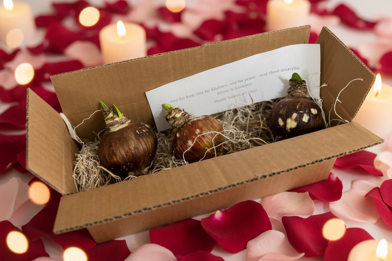 Three tulip bulbs in a cardboard box with a note on a textured surface