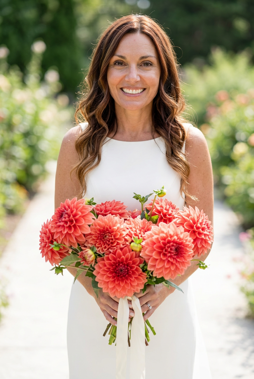 Bridal portrait holding a Blitzer dahlia bouquet