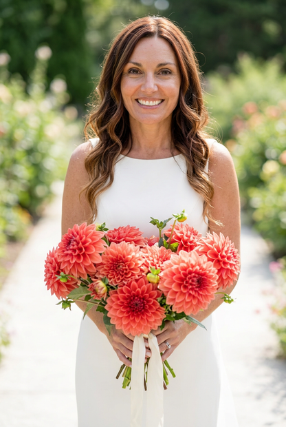 Bridal portrait holding a Blitzer dahlia bouquet