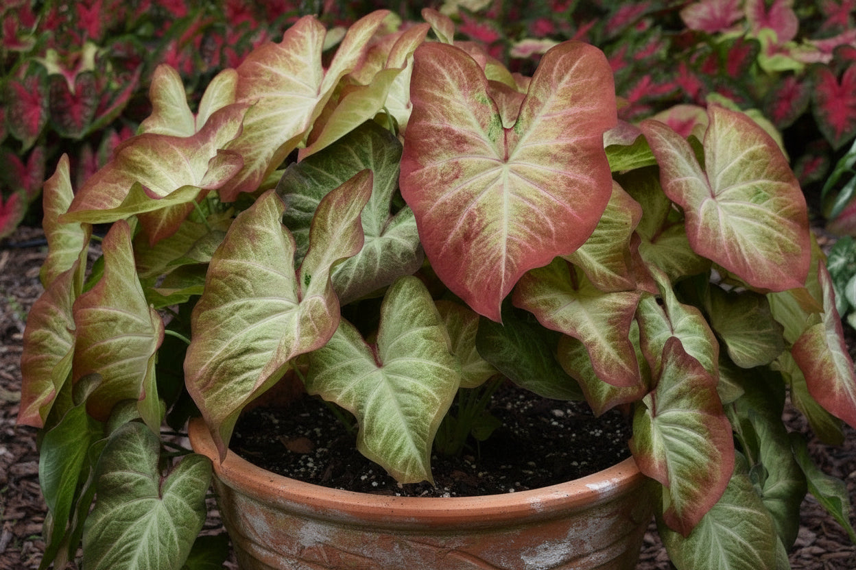 Creme Brulee Caladium leaves with soft cream centers and blush-pink edges in a shaded garden container
