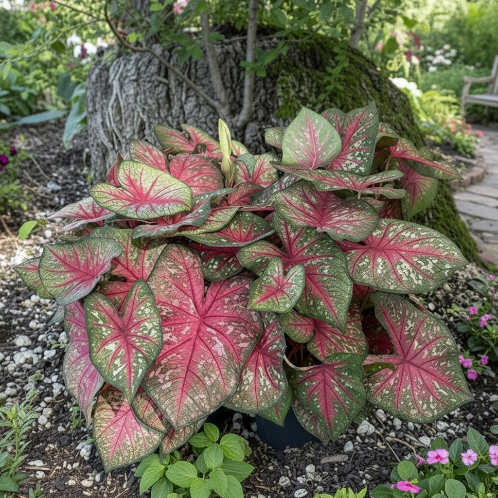 Garden scene with colorful caladiums and a stone path
