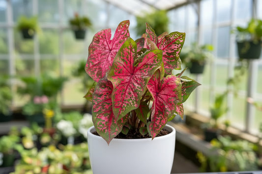 Colorful leaves of the Lava Glow caladium with pink and green patterns in a garden setting