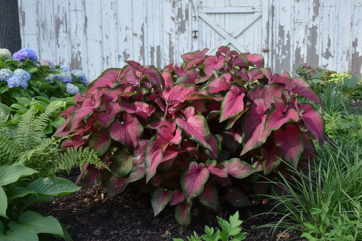 Colorful coleus plant in a garden setting with various plants and flowers.
