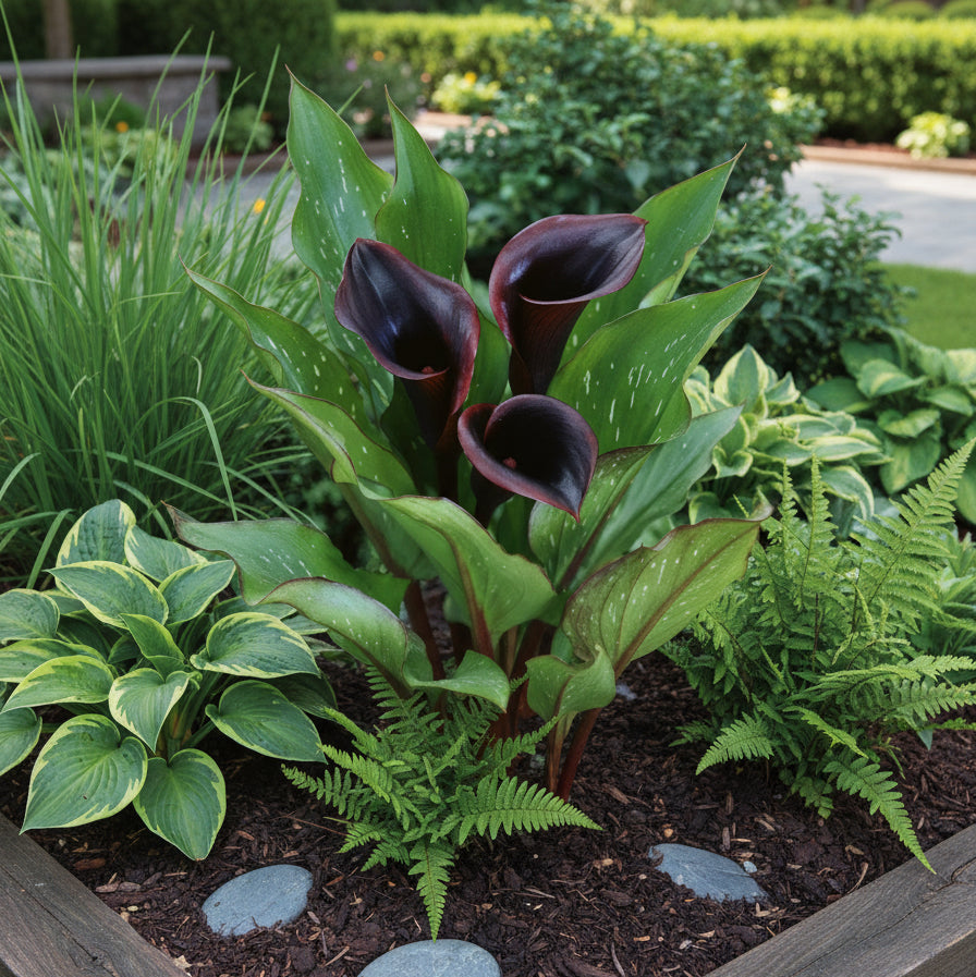 Arabian Night Calla Lilies growing in a garden bed with rich dark blooms and upright green foliage.