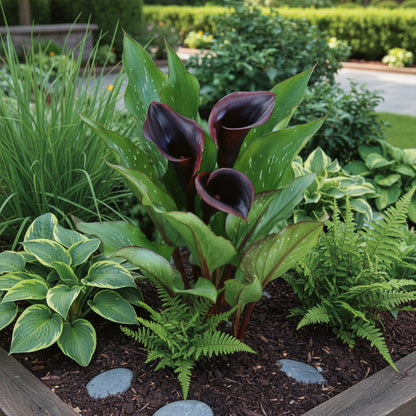 Arabian Night Calla Lilies growing in a garden bed with rich dark blooms and upright green foliage.