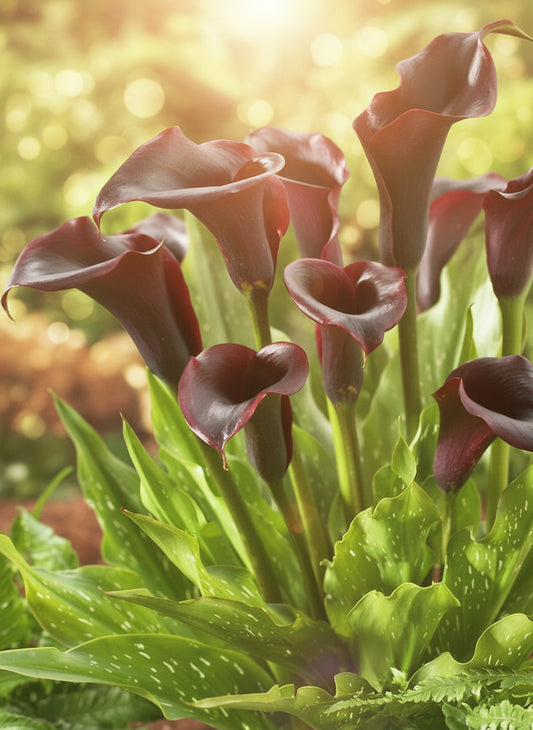 Grouped bouquet of Arabian Night Calla Lilies highlighting the deep, moody, black-burgundy color.