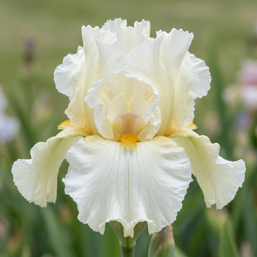Cloud Dweller Tall Bearded Iris with creamy ivory, lightly yellow ruffled petals and a golden beard.