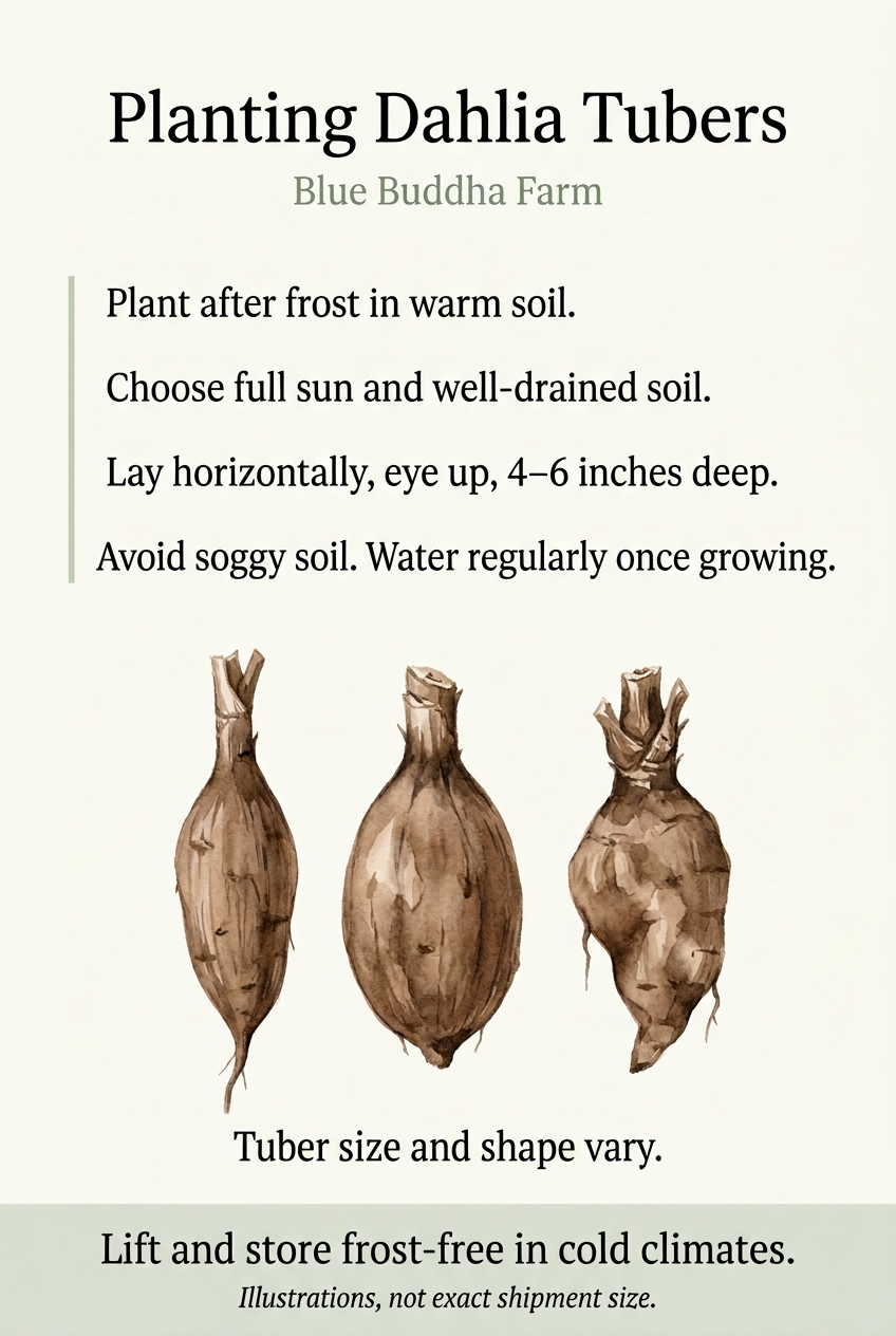 Dahlia tuber planting guide with sun, soil, planting depth and winter storage instructions, noting that tuber size and shape vary.
