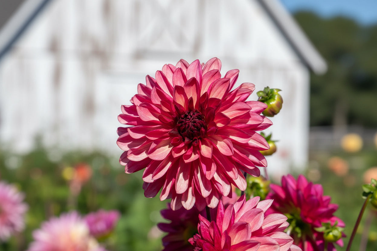 Close-up of a pink and red fbacardi dahlia lower with a blurred floral background