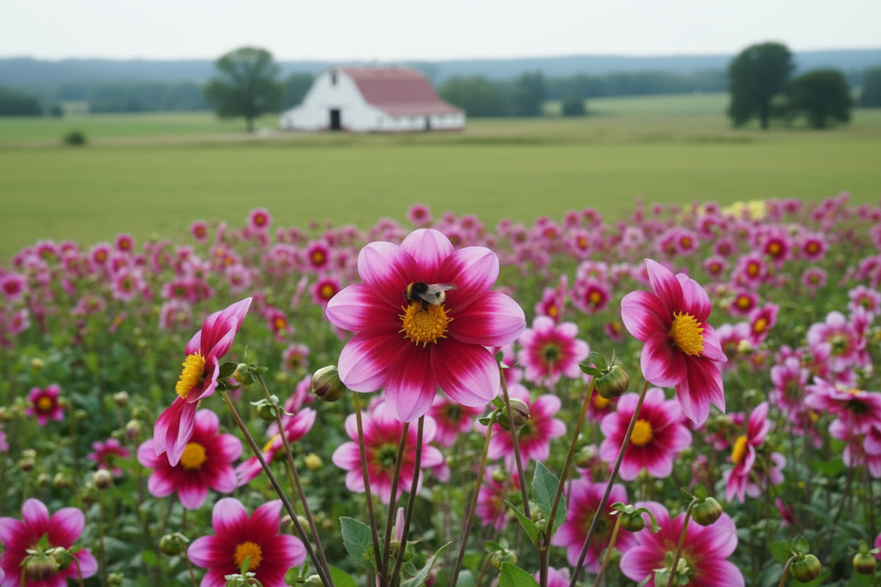 Group of pink and yellow flowers with a bee on a green background
