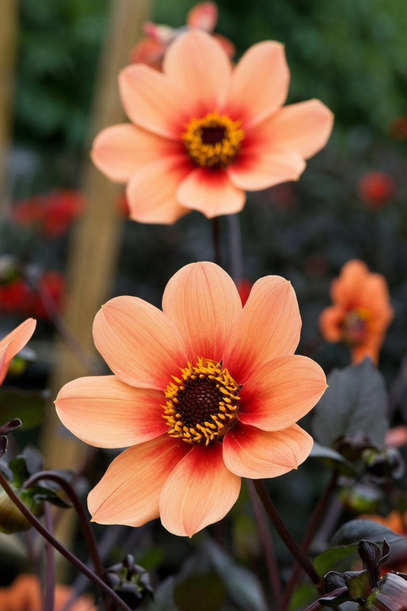 Close-up of two peach-colored flowers with a blurred background