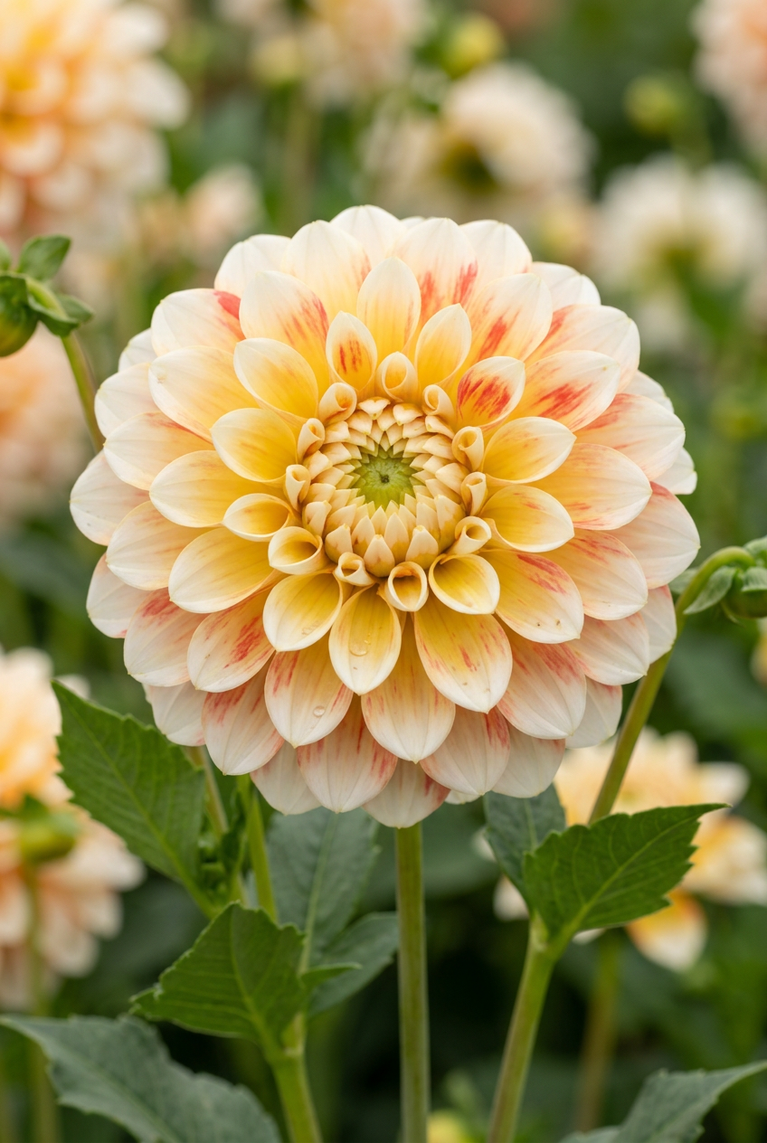 Jowey Fantasy dahlia with creamy white, yellow and coral-red petals