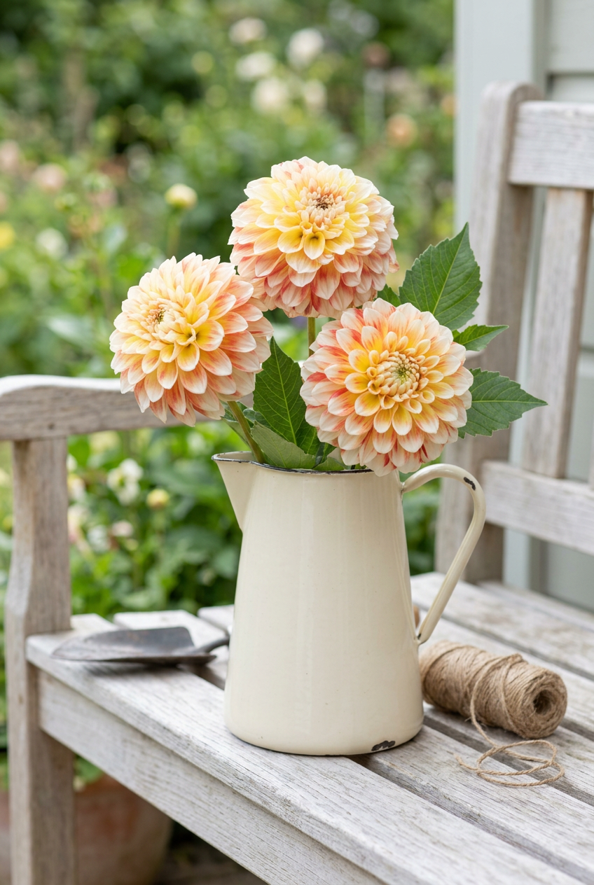 Jowey Fantasy dahlias in a simple pitcher on a porch bench