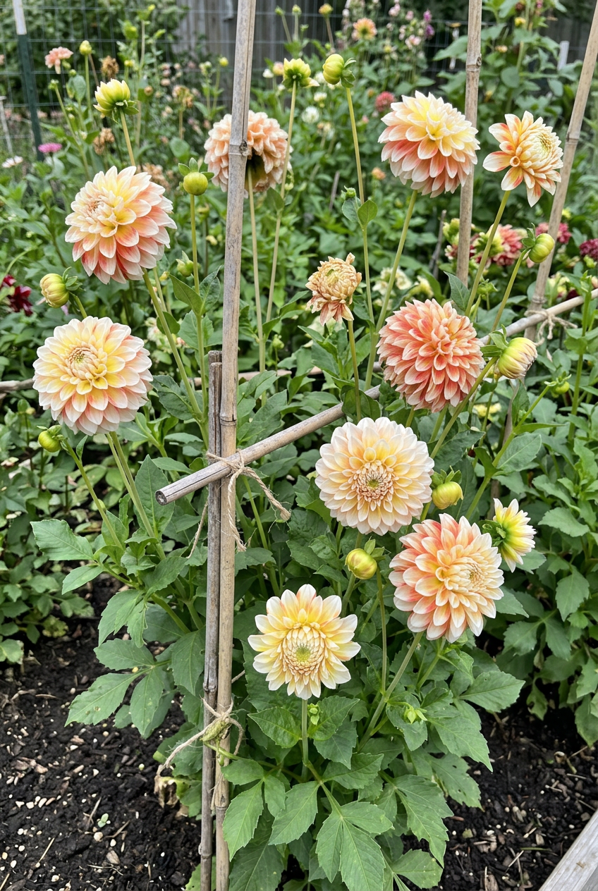 Jowey Fantasy dahlias growing in a sunny cutting patch