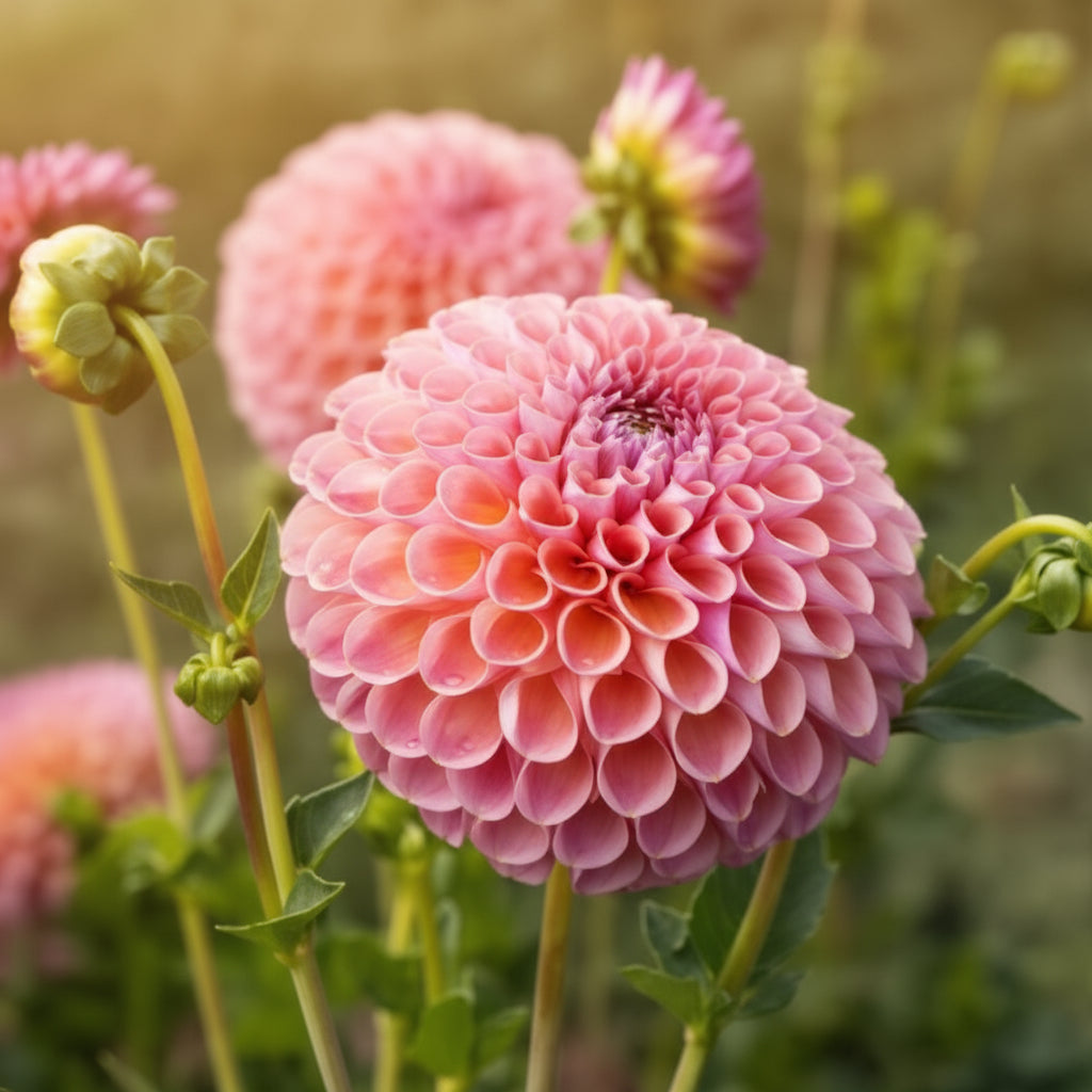 Jowey Winnie dahlia growing in full sun with perfectly formed ball blooms, offered as one tuber per order.