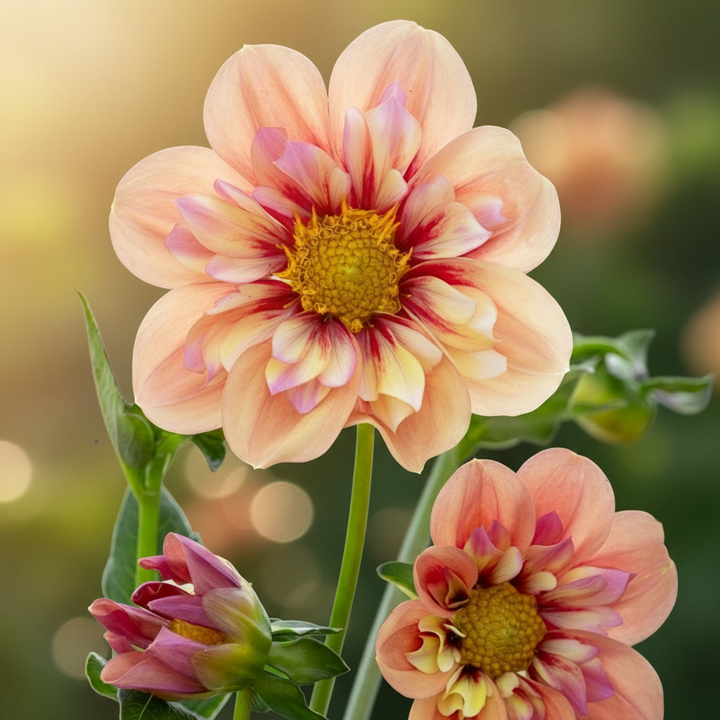 Close-up of Rhubarb & Custard Collarette Dahlia with creamy yellow petals and raspberry-red accents, blooming in a summer garden.
