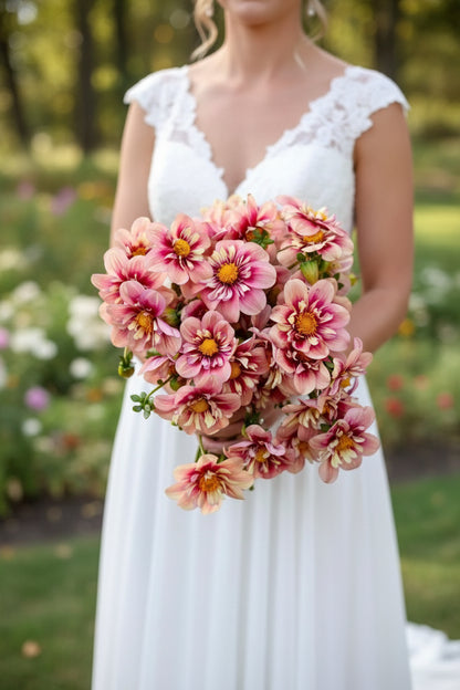Collarette dahlia variety with striking two-tone petals and golden center.