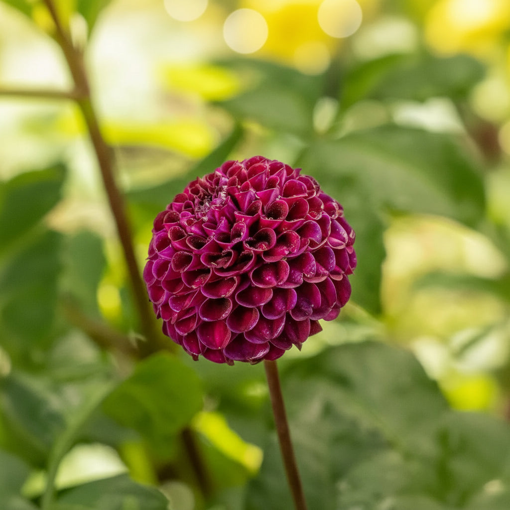 Close-up of a purple Rocco dahlia flower with green leaves in the background