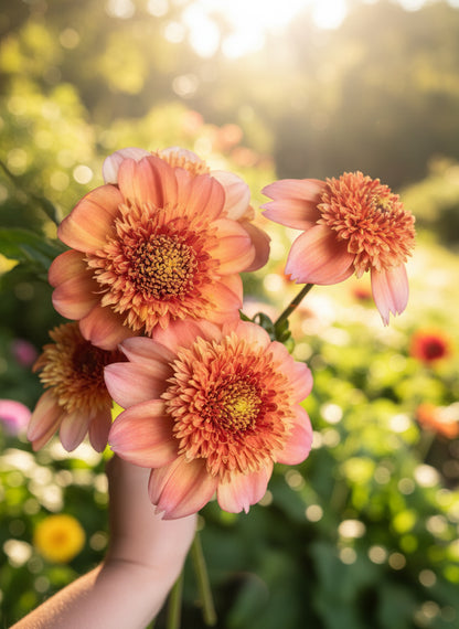 Sandi Brocade dahlia with apricot-pink petals and golden feathery center.