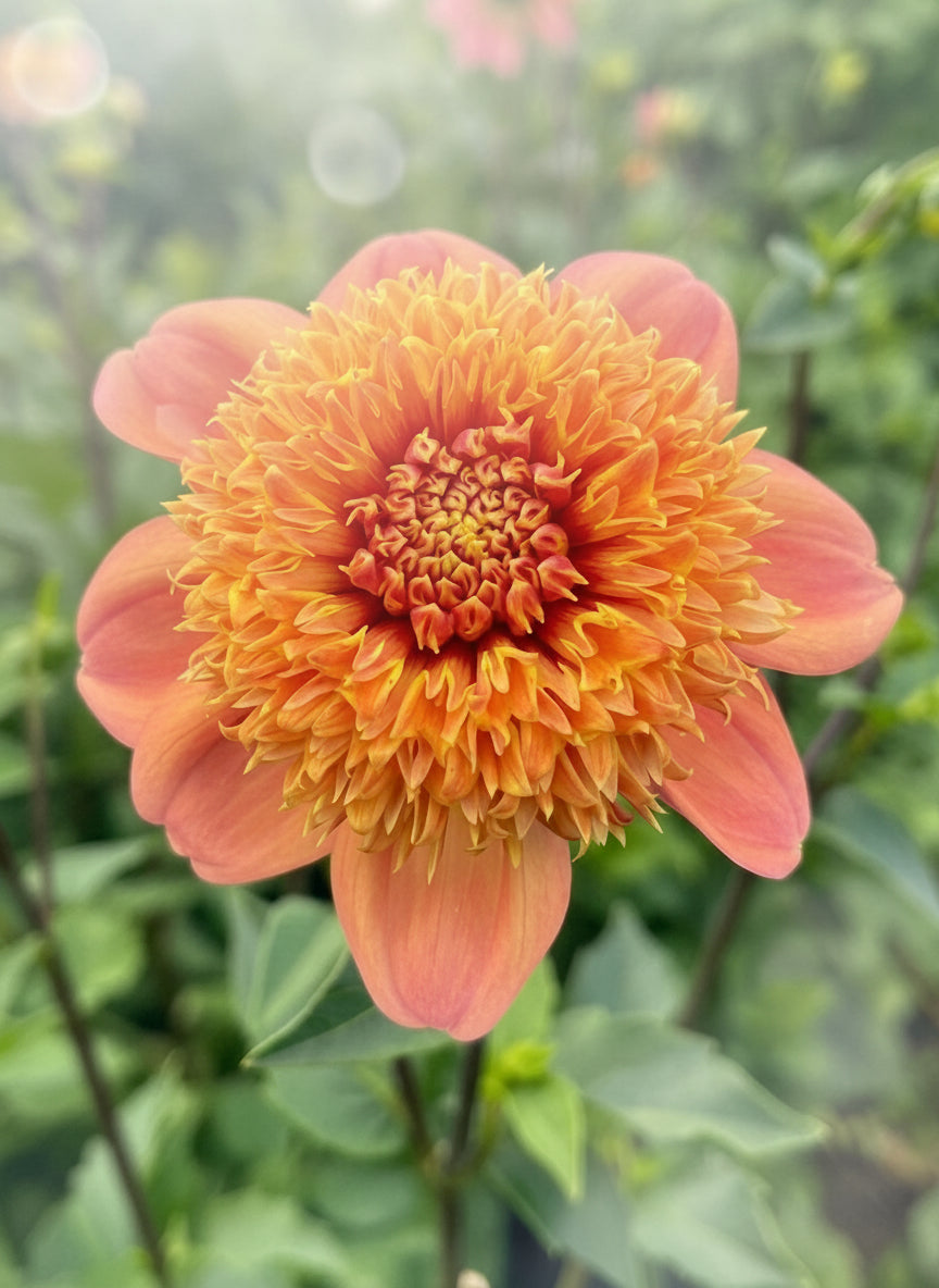 Apricot pink dahlia with textured yellow-orange center on dark stem.