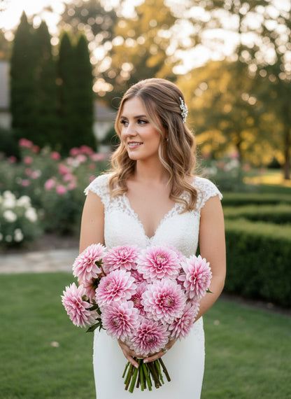 Bouquet of pink flowers held by a person with a garden background