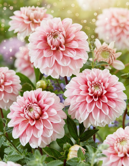 Close-up of pink dahlias with a blurred green background