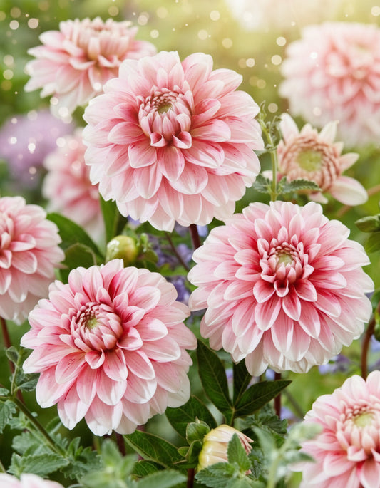 Close-up of pink dahlias with a blurred green background