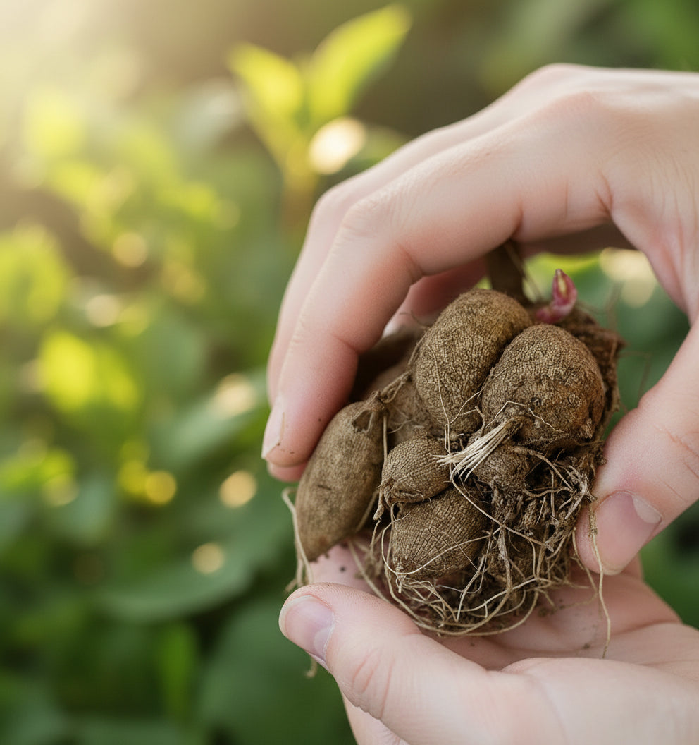 Hand holding a cluster of dahlia tubers with roots, on a light surface.