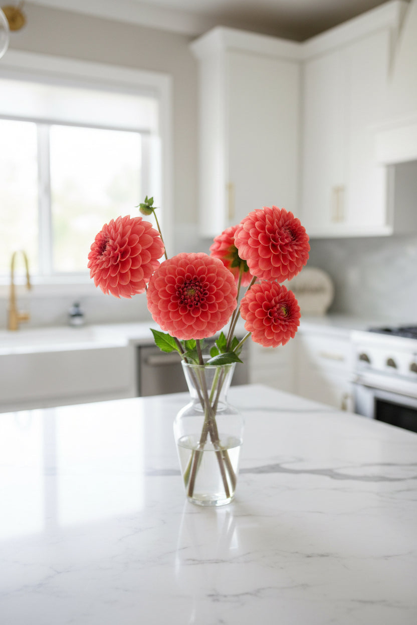 Close-up of vibrant pink dahlias with green leaves on a blurred natural background