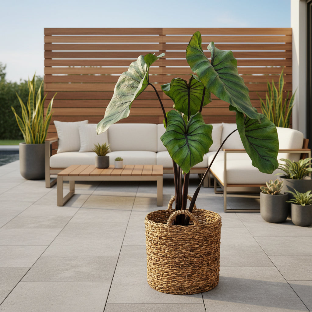 Colocasia growing in garden with lush foliage and upright habit