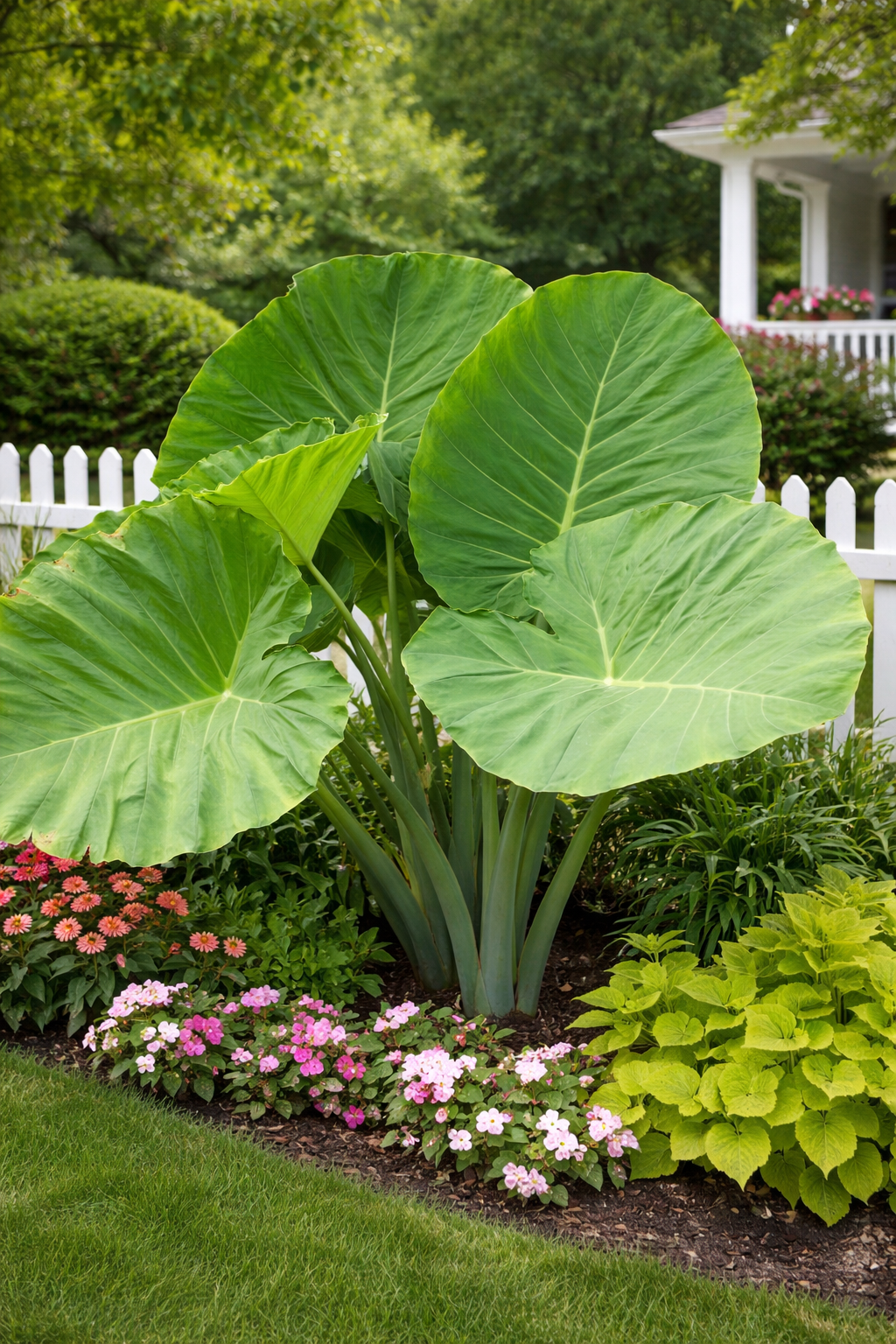 Large green leaves in a garden with flowers and a white picket fence.