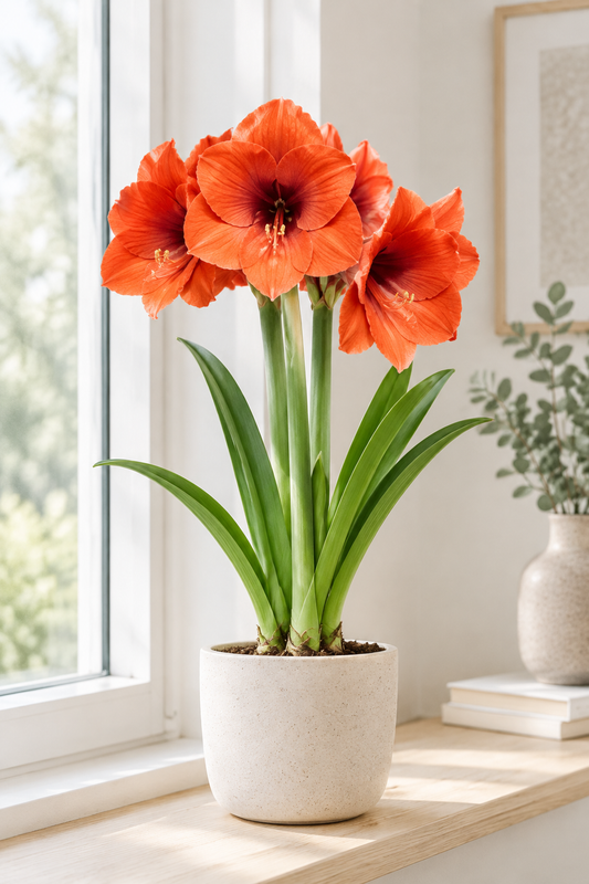 Illustrative Love Heart amaryllis with coral-orange blooms and dark centers in a bright interior