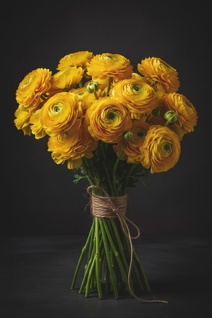 Lush bouquet of Tecolote Gold ranunculus in rich golden-yellow