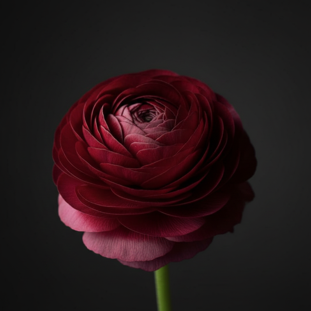 Tecolote Merlot ranunculus — deep wine-red magenta layered ruffled blooms