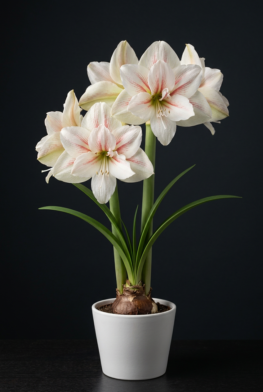 Aquaro amaryllis with double creamy white flowers veined in red in a white pot against a charcoal background
