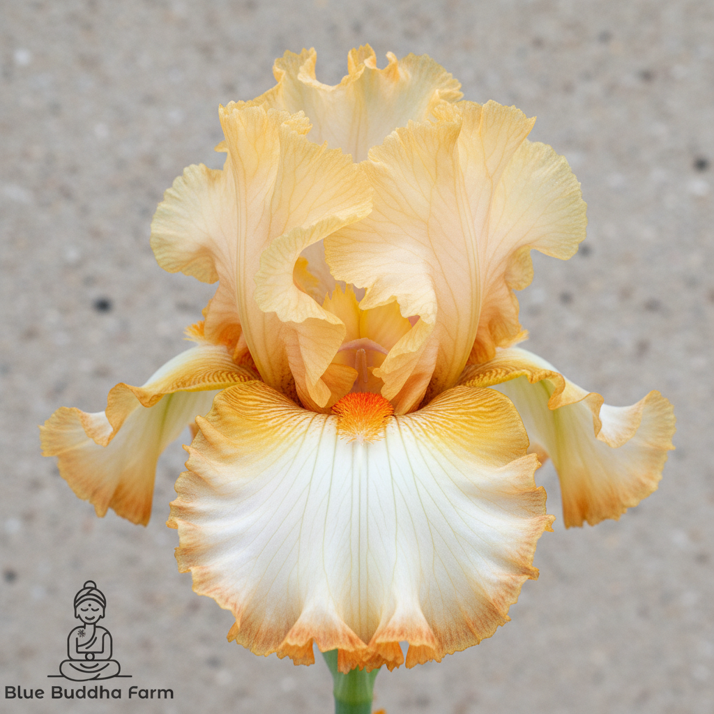 Mimosa Tall Bearded Iris — zen boutique close-up with Blue Buddha Farm logo