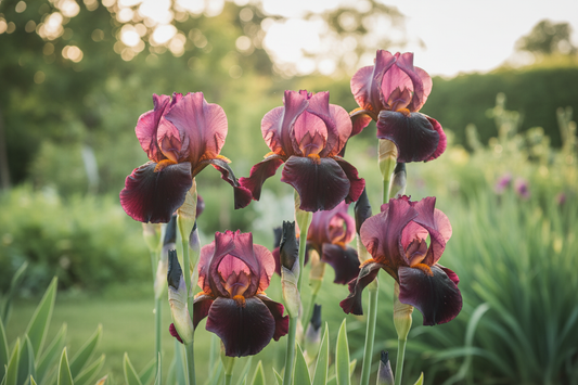Outspoken Tall Bearded Iris growing in a lush garden setting with multiple blooms