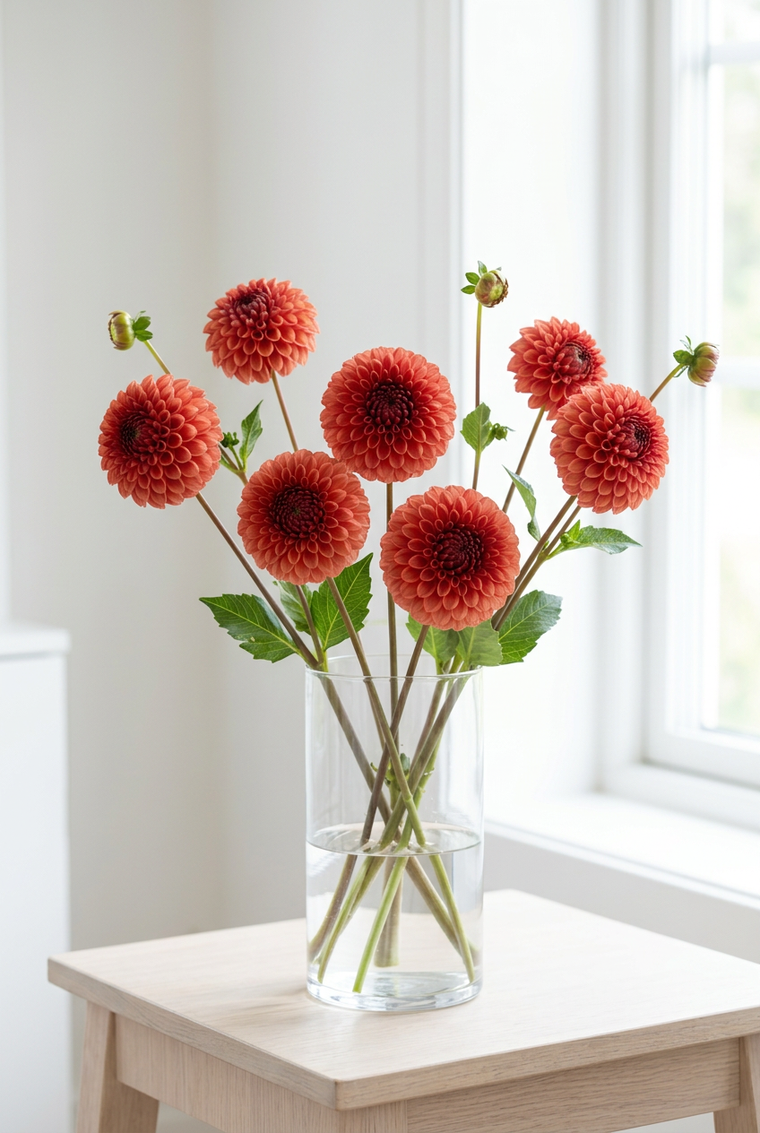 Copper Boy dahlias arranged in a clear glass vase beside a bright window